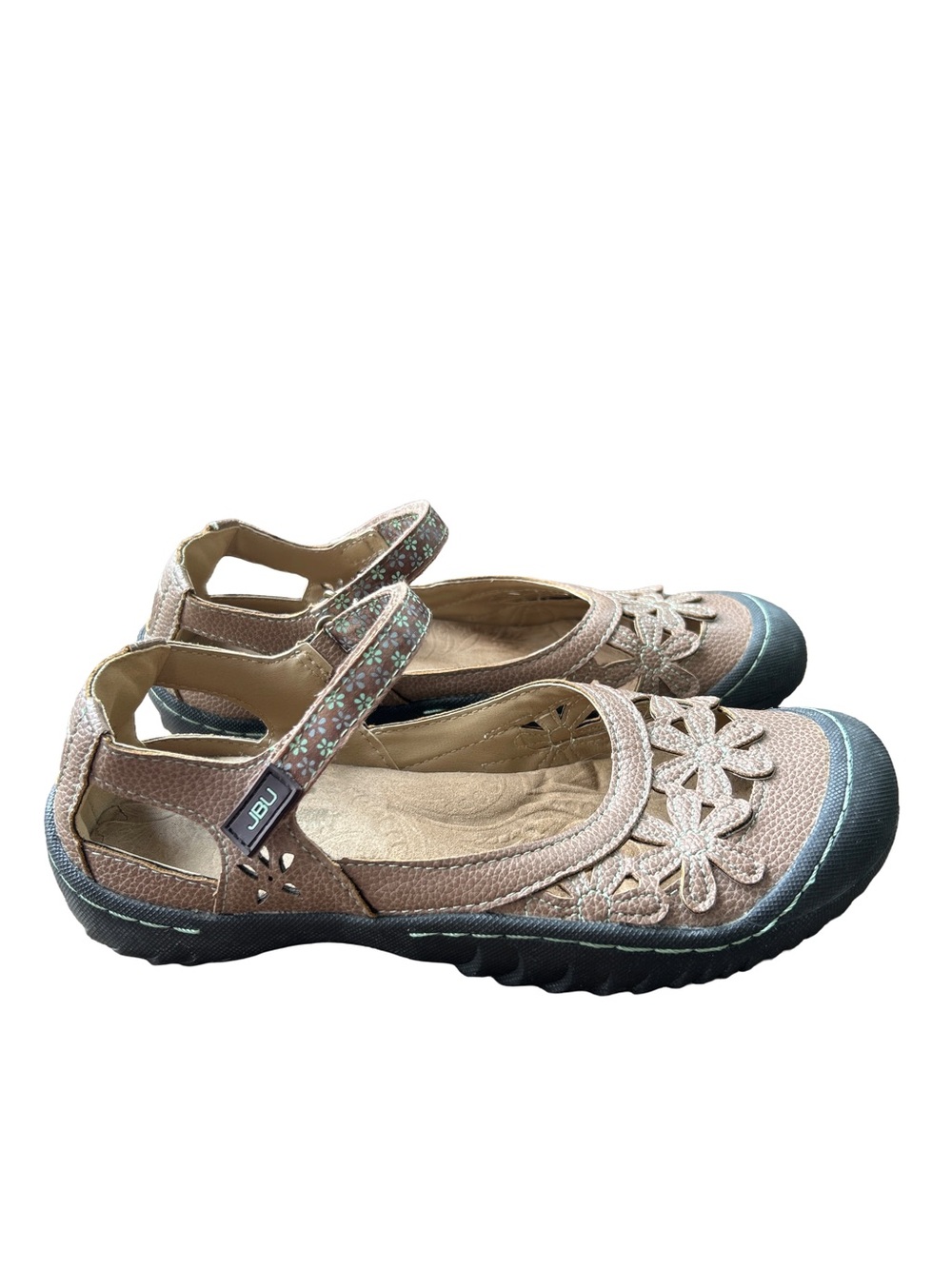 JBU Taupe Floral Mesh Mary Jane Flats with Black Sole
